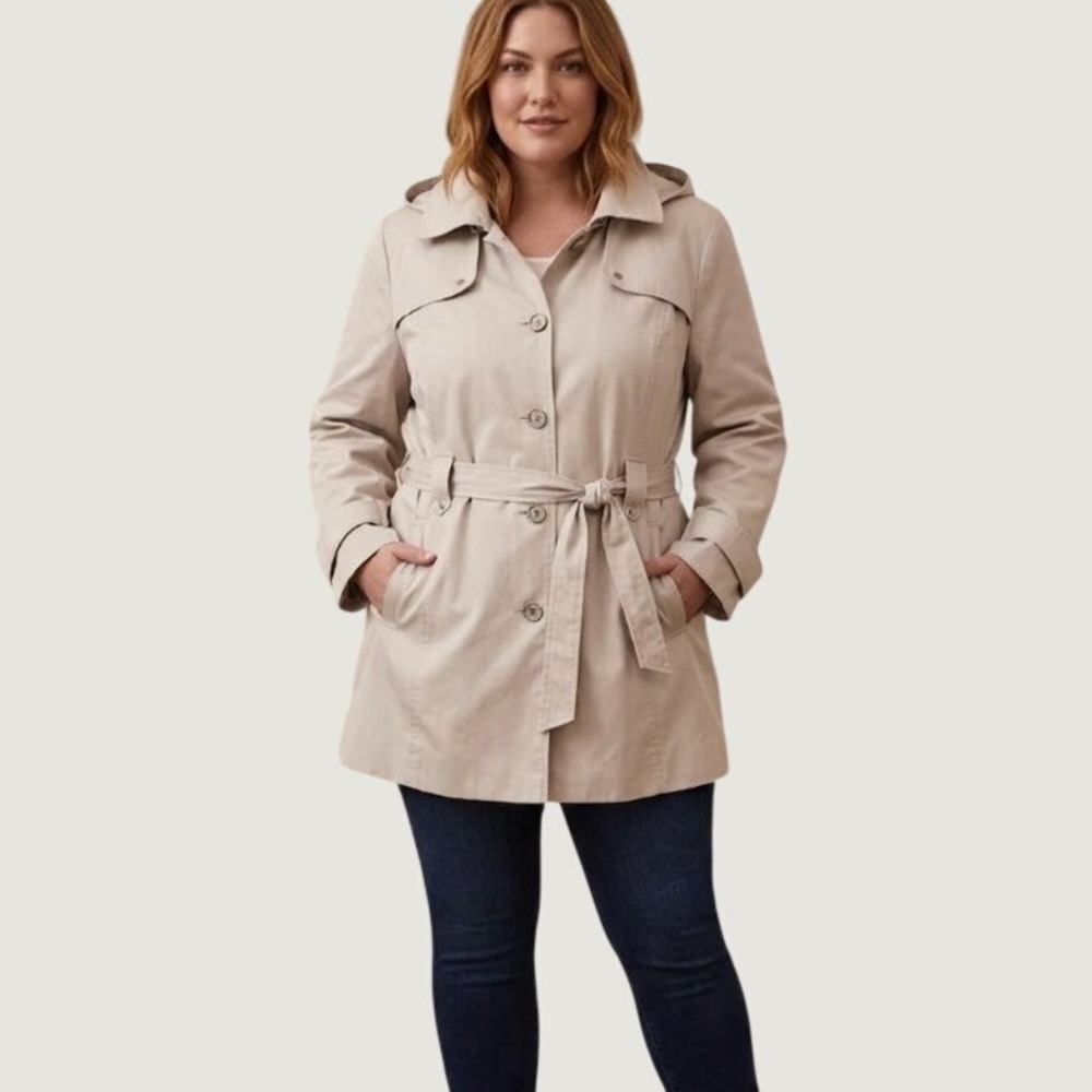 Addition Elle Womens Plus Size Beige Hooded Belted Trench Coat Jacket